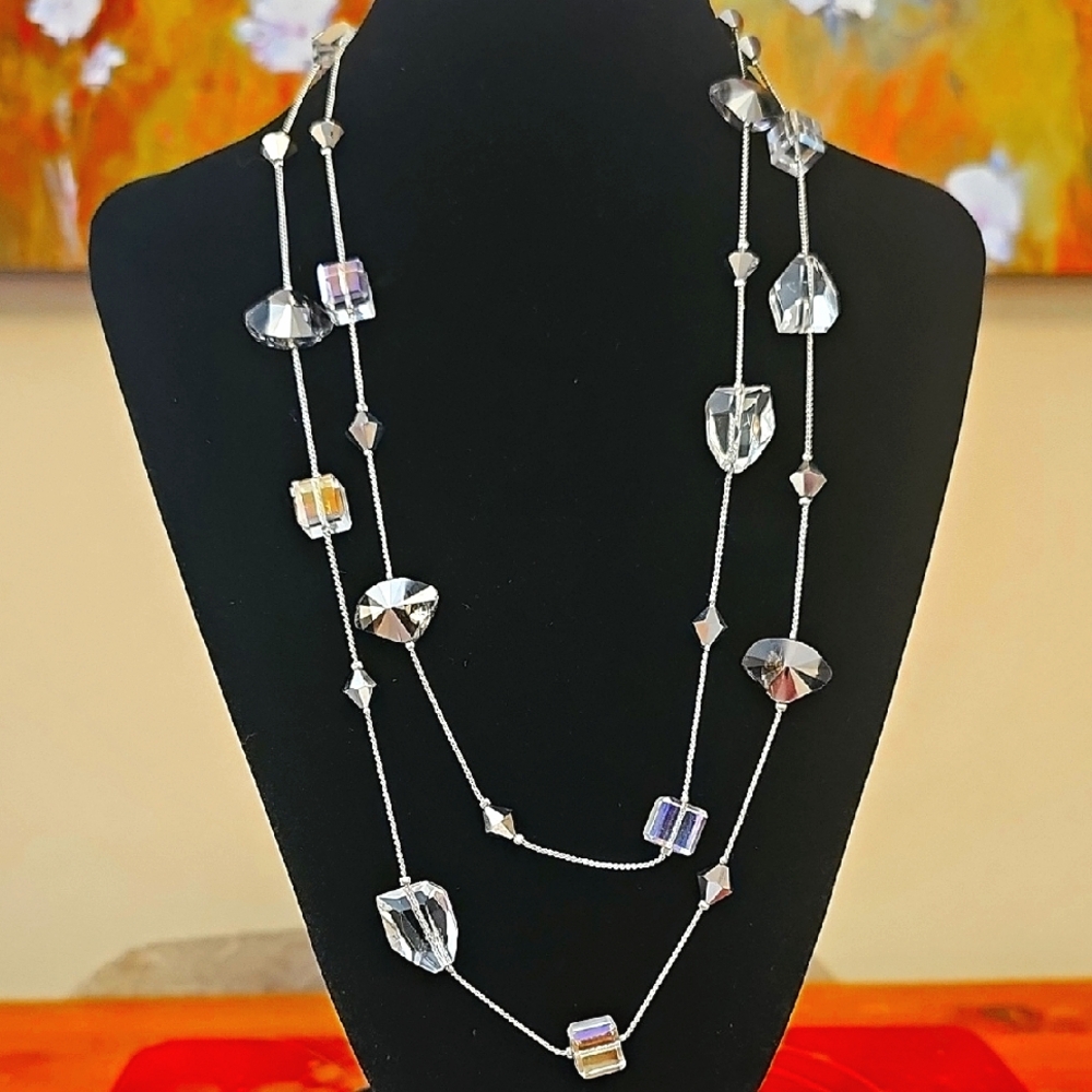 Premier Designs Silver-tone Opera Necklace with Geometric Faceted Crystal Beads